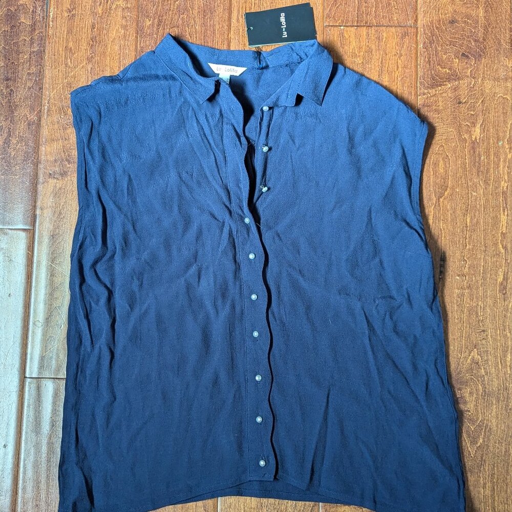 Shuuk Lu by Lolita Blouse with Pearl Buttons, Womens, Medium, Navy, NWT